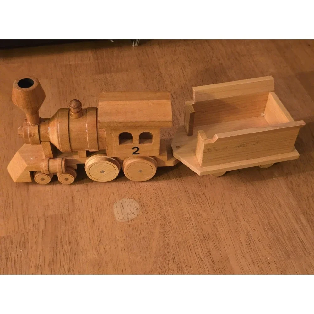 Vintage Handcrafted Wooden Train Steam Locomotive No. 2 & Tender Car - Artist...
